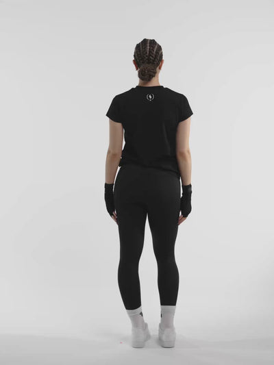 Female model in black ONE BOUT Script T-Shirt Limited edition — fit and movement