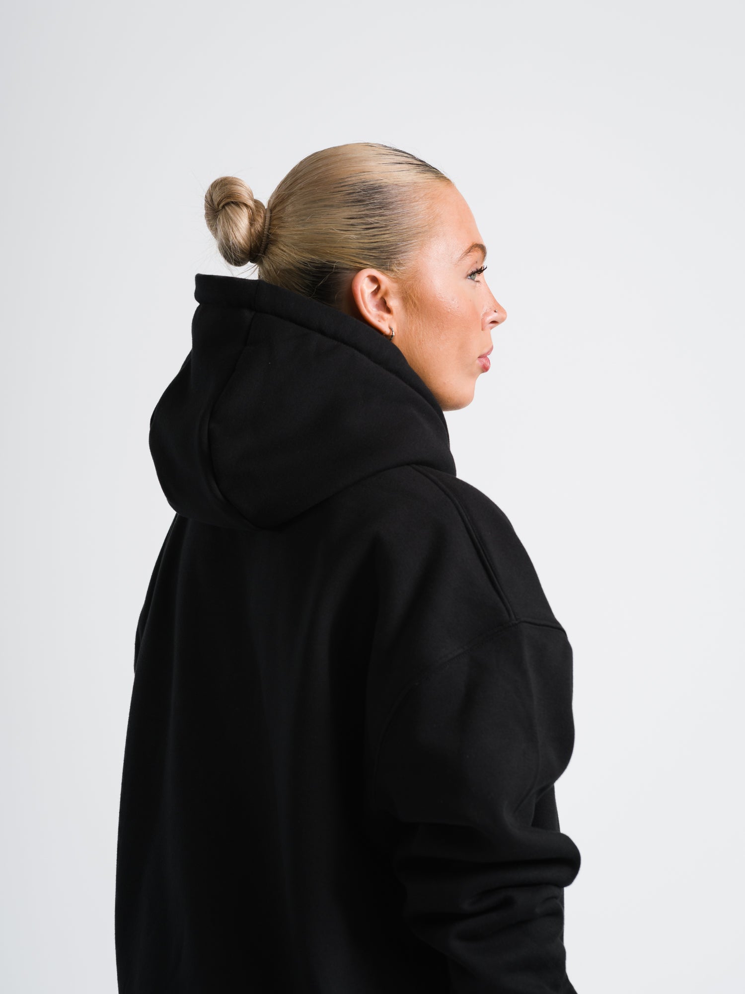 ONE BOUT Women's Script Oversized Hoodie (Limited) in Black — angle